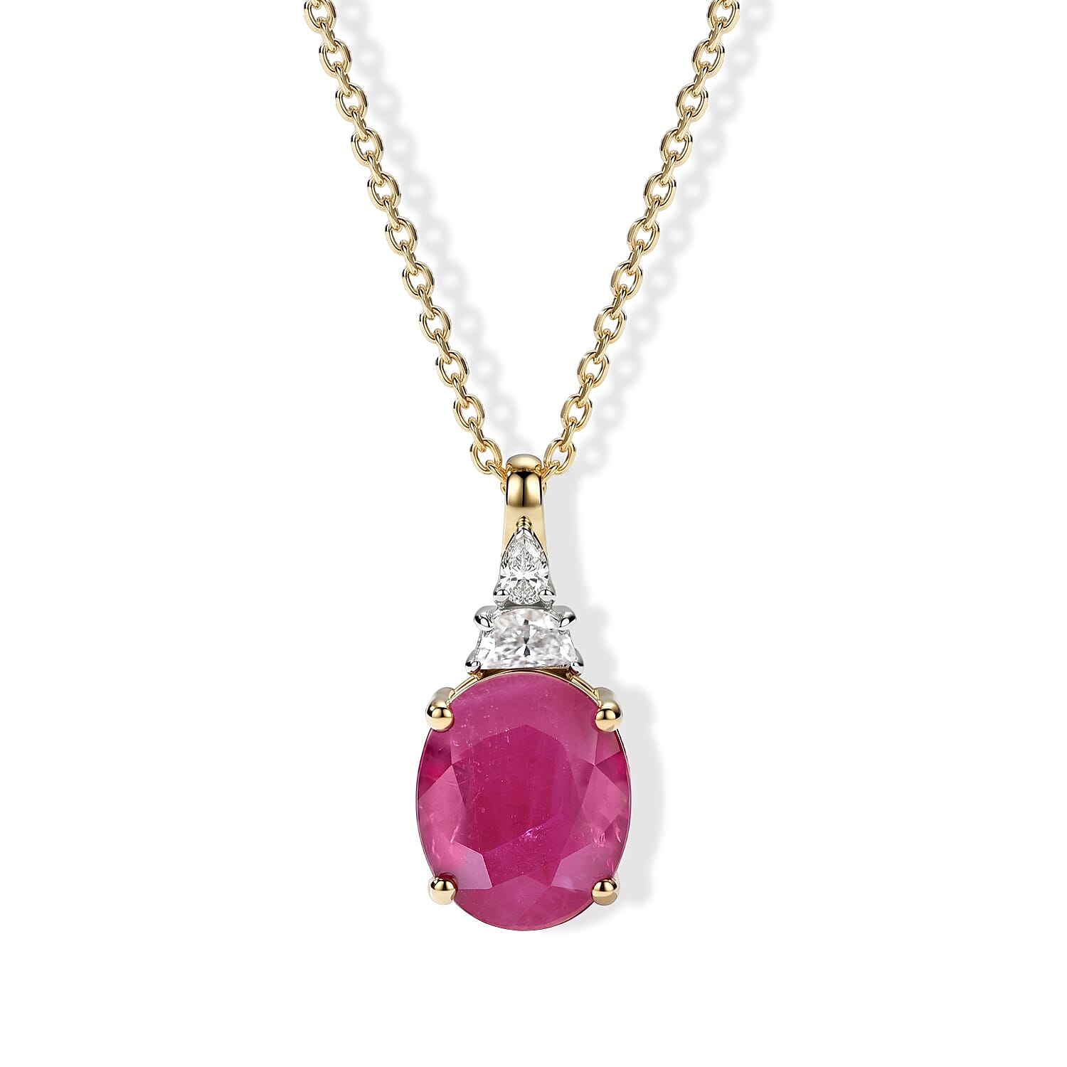 Certified & Appraised 10K Yellow Gold AAA Ruby, Luxuriant Lab Grown Diamond (G-H, SI) Pendant Necklace (18 Inches) 5.40 ctw