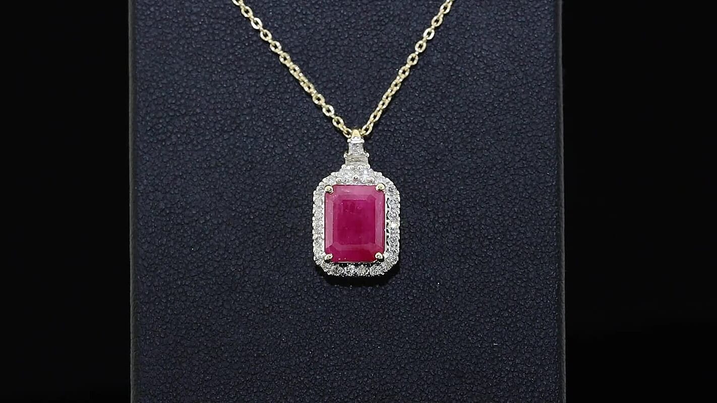 Certified & Appraised 10K Yellow Gold AAA Ruby, Luxuriant Lab Grown Diamond (G-H, SI) Pendant Necklace (18 Inches) 4.00 ctw