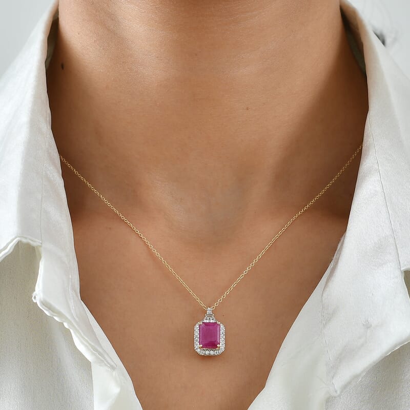 Certified & Appraised AAA Ruby and Luxuriant Lab Grown Diamond G-H SI 4.00 ctw Pendant Necklace in 10K Yellow Gold 18 Inches