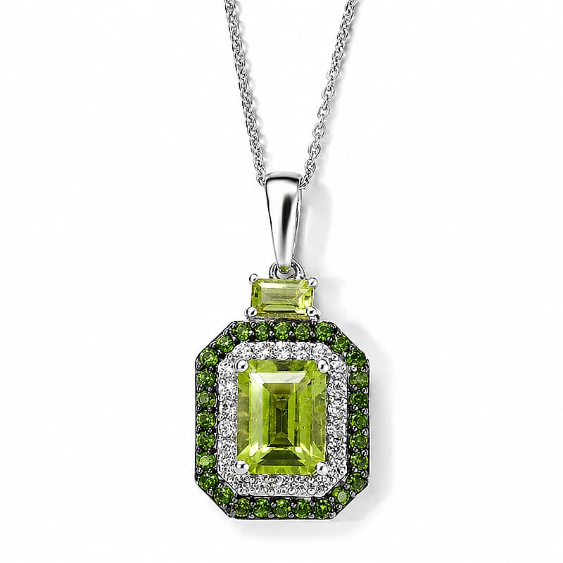 D'Joy Hebei Peridot and Multi Gemstone 3.90 ctw Pendant Necklace (20 Inches) in Rhodium Over Sterling Silver