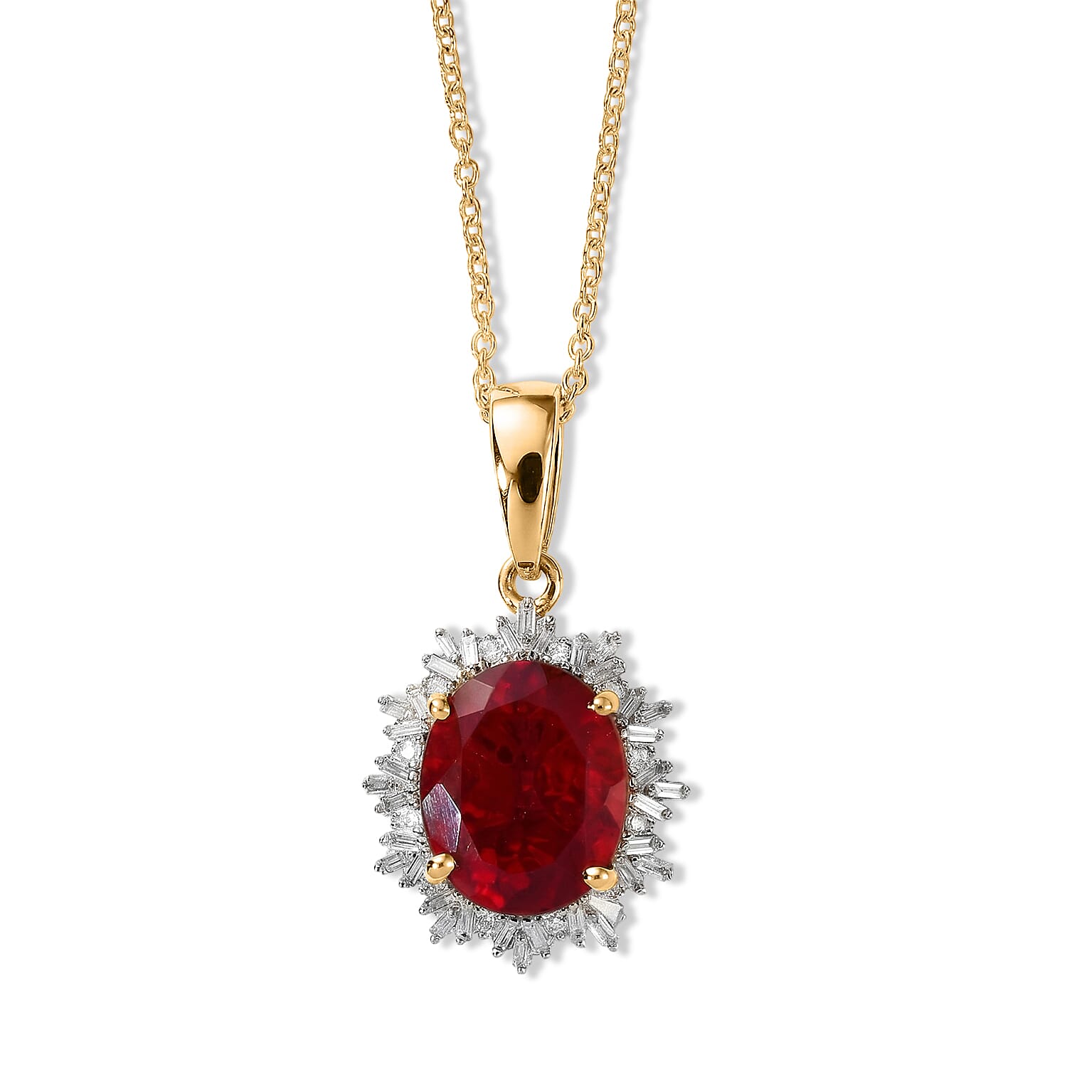 Luxoro 10K Yellow Gold Mexican Cherry Fire Opal and Diamond (I2) (0.24 cts) 2.60 ctw Crimson Starburst Pendant Necklace
