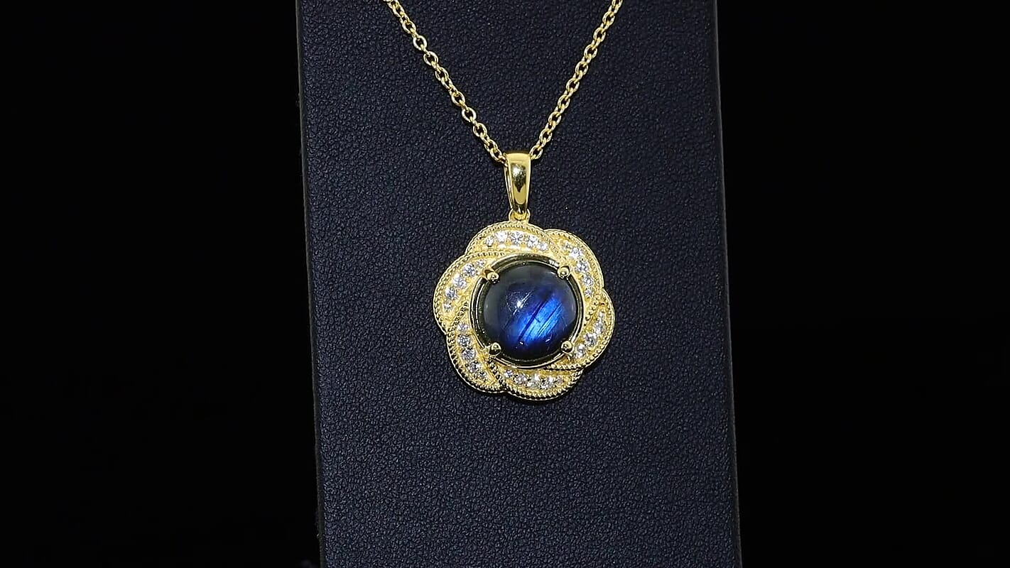 EverTrue AAA Malagasy Labradorite, White Zircon Pendant in 18K YG Plated with ION Plated YG Stainless Steel Necklace (20 Inches) 7.65 ctw