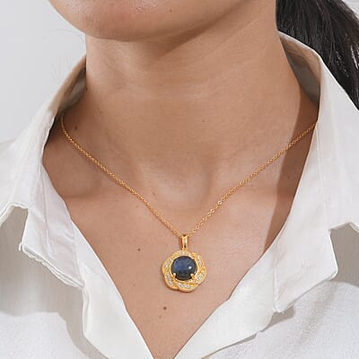 EverTrue AAA Malagasy Labradorite and White Zircon 7.65 ctw Cosmic Radiance Pendant in 18K Yellow Gold Plated with ION Plated YG Stainless Steel Necklace (20 Inches)