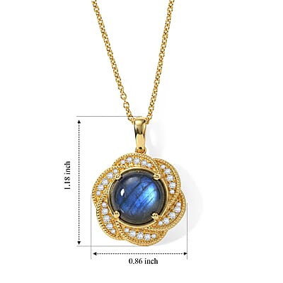 EverTrue AAA Malagasy Labradorite and White Zircon 7.65 ctw Cosmic Radiance Pendant in 18K Yellow Gold Plated with ION Plated YG Stainless Steel Necklace (20 Inches)