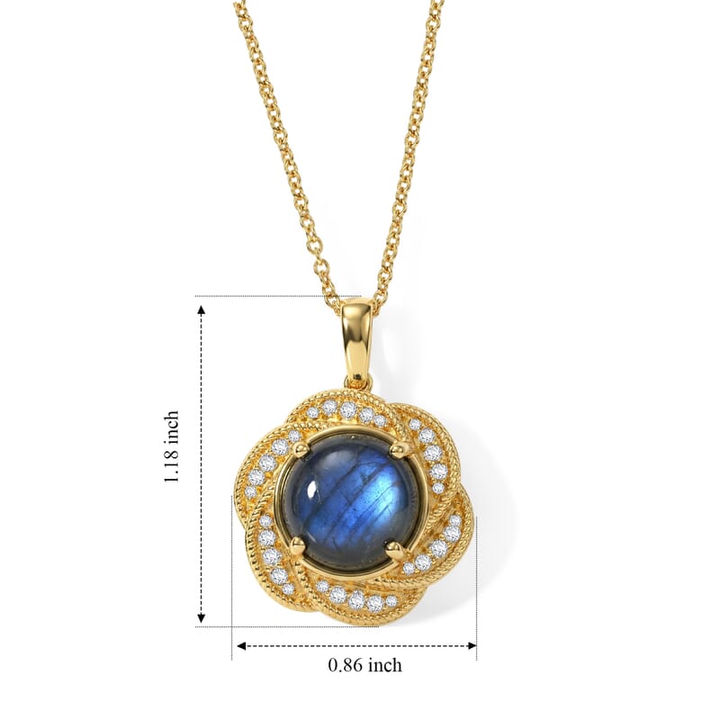 EverTrue AAA Malagasy Labradorite and White Zircon 7.65 ctw Cosmic Radiance Pendant in 18K Yellow Gold Plated with ION Plated YG Stainless Steel Necklace (20 Inches)