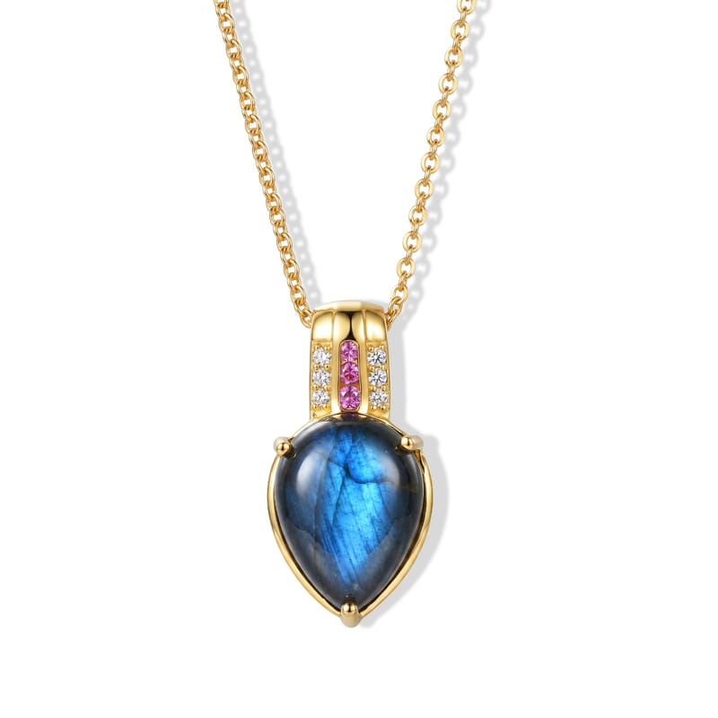 EverTrue AAA Malagasy Labradorite and Multi Gemstone 9.10 ctw Lunar Flame Pendant in 18K Yellow Gold Plated with ION Plated YG Stainless Steel Necklace (20 Inches)
