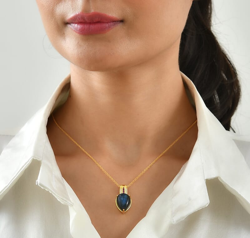 EverTrue AAA Malagasy Labradorite and Multi Gemstone 9.10 ctw Lunar Flame Pendant in 18K Yellow Gold Plated with ION Plated YG Stainless Steel Necklace (20 Inches)