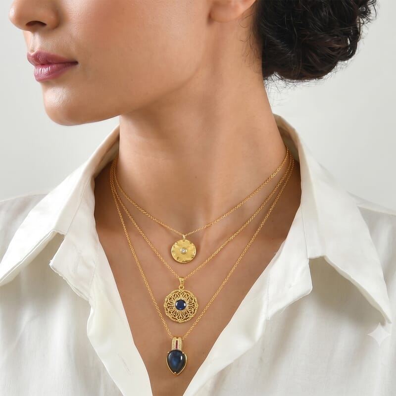 EverTrue AAA Malagasy Labradorite and Multi Gemstone 9.10 ctw Lunar Flame Pendant in 18K Yellow Gold Plated with ION Plated YG Stainless Steel Necklace (20 Inches)