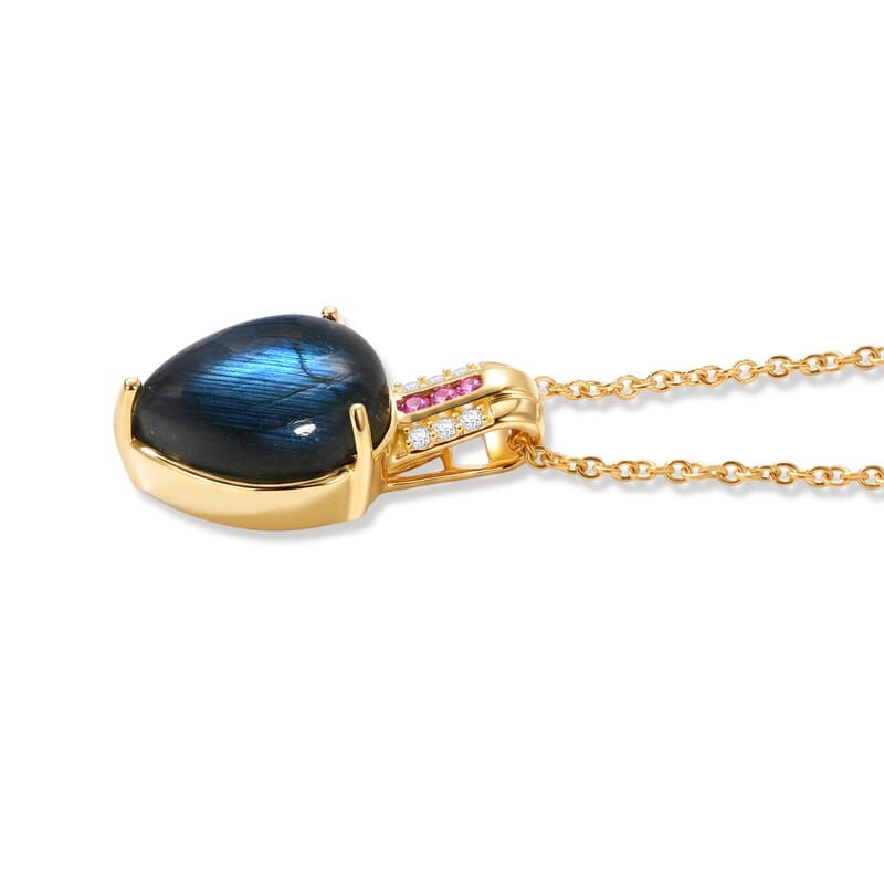 EverTrue AAA Malagasy Labradorite and Multi Gemstone 9.10 ctw Lunar Flame Pendant in 18K Yellow Gold Plated with ION Plated YG Stainless Steel Necklace (20 Inches)