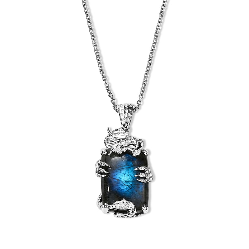EverTrue AAA Malagasy Labradorite and White Zircon 18.50 ctw Pendant in Platinum Bond with Stainless Steel Necklace 20 Inches