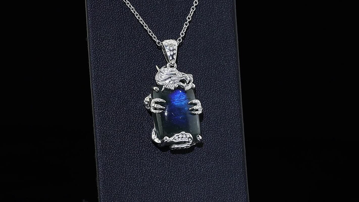 EverTrue AAA Malagasy Labradorite, White Zircon Pendant in Platinum Bond with Stainless Steel Necklace (20 Inches) 18.50 ctw