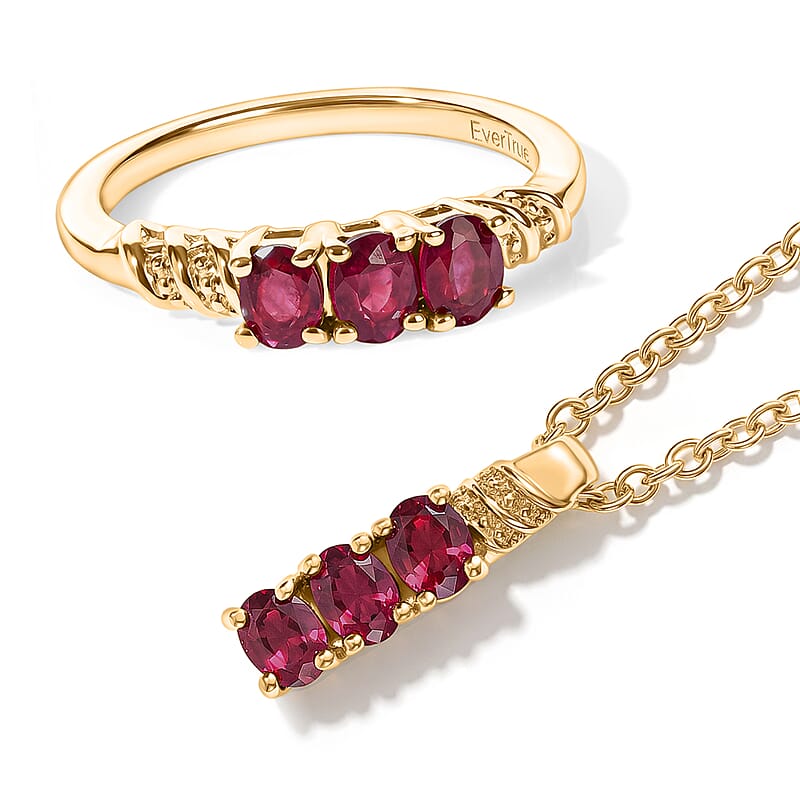 EverTrue Niassa Ruby (FF) 1.60 ctw Ring (Size 6) and Pendant in 18K YG Plated with ION Plated YG Stainless Steel Necklace 20 Inches