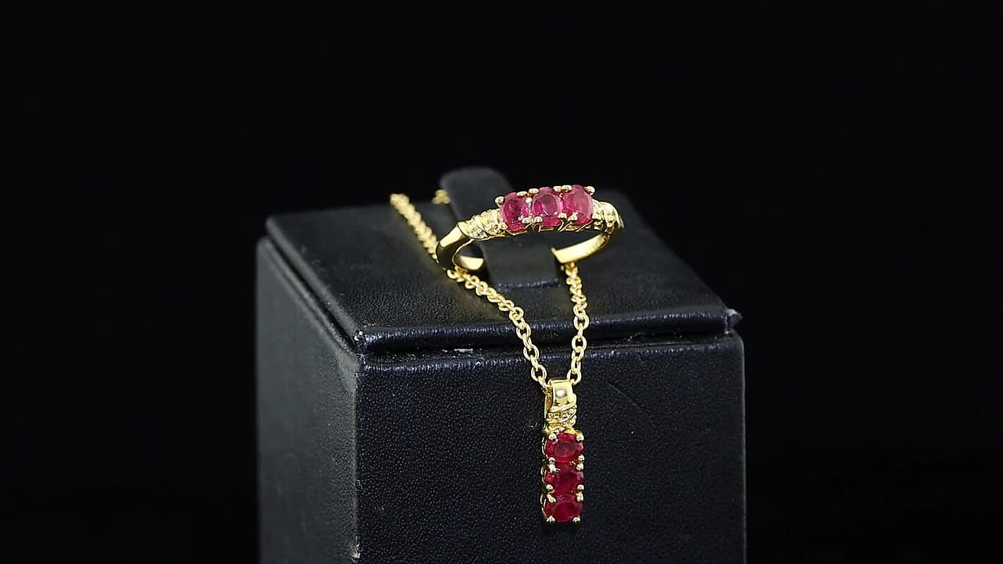 EverTrue Niassa Ruby (FF) Ring (Size 6) and Pendant in 18K YG Plated with ION Plated YG Stainless Steel Necklace (20 Inches) 1.60 ctw