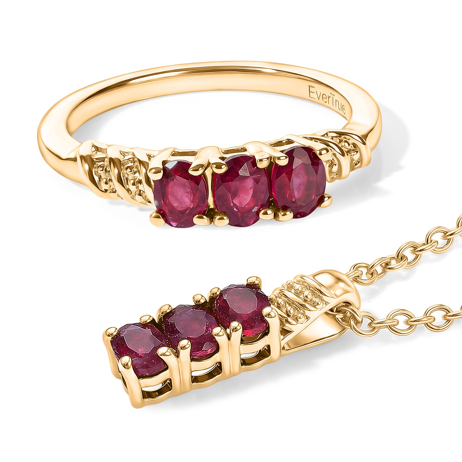 EverTrue Niassa Ruby (FF) Ring (Size 6) and Pendant in 18K YG Plated with ION Plated YG Stainless Steel Necklace (20 Inches) 1.60 ctw