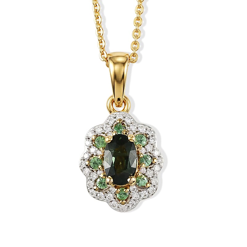 D'Joy Premium Milanoa Green Sapphire and Multi Gemstone 1.00 ctw Royal Blossom Pendant Necklace in 18K Vermeil Yellow Gold Over Sterling Silver 20 Inches