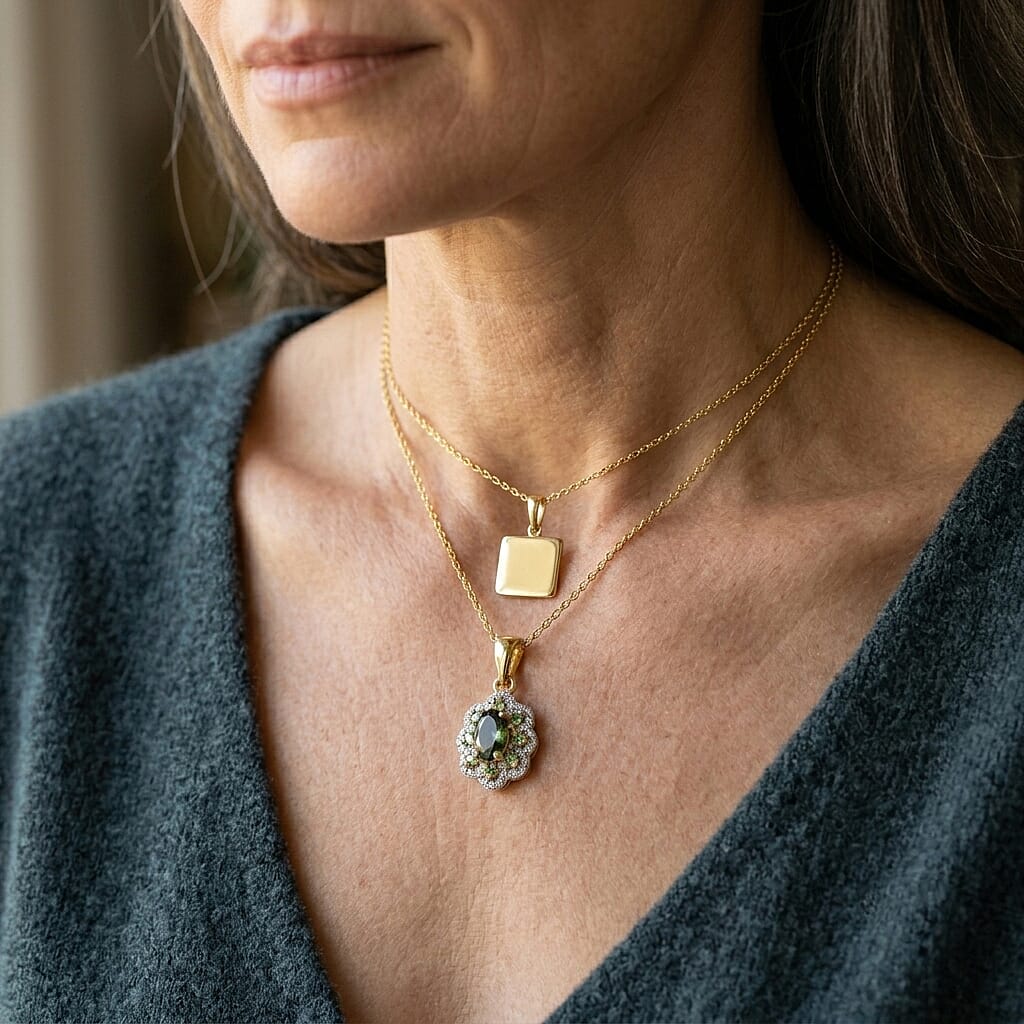 D'Joy Premium Milanoa Green Sapphire and Multi Gemstone 1.00 ctw Royal Blossom Pendant Necklace in 18K Vermeil Yellow Gold Over Sterling Silver 20 Inches