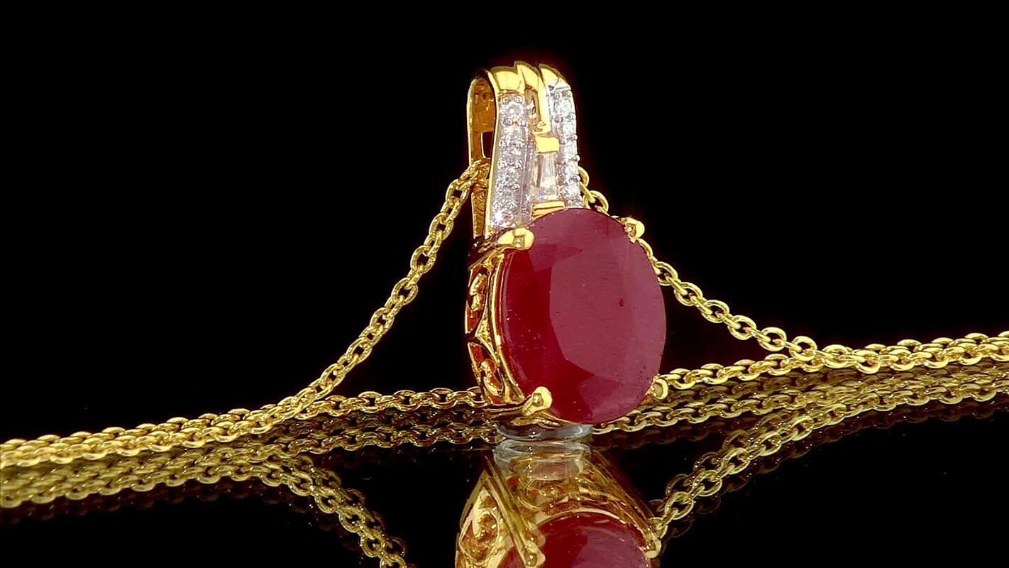 D'Joy Premium Niassa Ruby (FF), Moissanite Pendant Necklace (20 Inches) in 18K Vermeil YG Over Sterling Silver 4.00 ctw