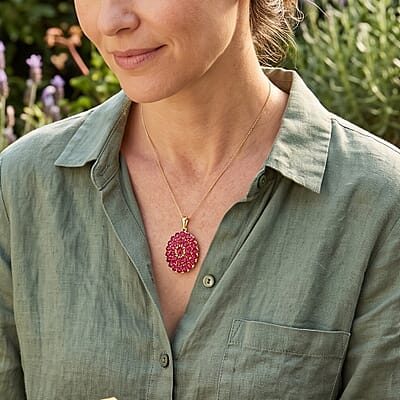 D'Joy Premium Niassa Ruby (FF) 8.70 ctw Velvet Blossom Pendant Necklace (20 Inches) in 18K Vermeil YG Over Sterling Silver