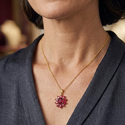 D'Joy Premium Niassa Ruby (FF) 6.00 ctw Flame Bloom Pendant Necklace (20 Inches) in 18K Vermeil YG Over Sterling Silver