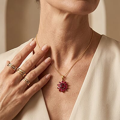 D'Joy Premium Niassa Ruby (FF) 6.00 ctw Flame Bloom Pendant Necklace (20 Inches) in 18K Vermeil YG Over Sterling Silver