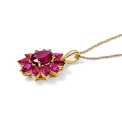 D'Joy Premium Niassa Ruby (FF) 6.00 ctw Flame Bloom Pendant Necklace (20 Inches) in 18K Vermeil YG Over Sterling Silver