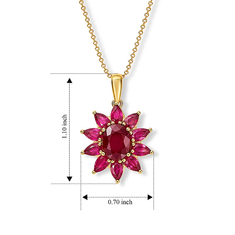 D'Joy Premium Niassa Ruby (FF) 6.00 ctw Flame Bloom Pendant Necklace (20 Inches) in 18K Vermeil YG Over Sterling Silver