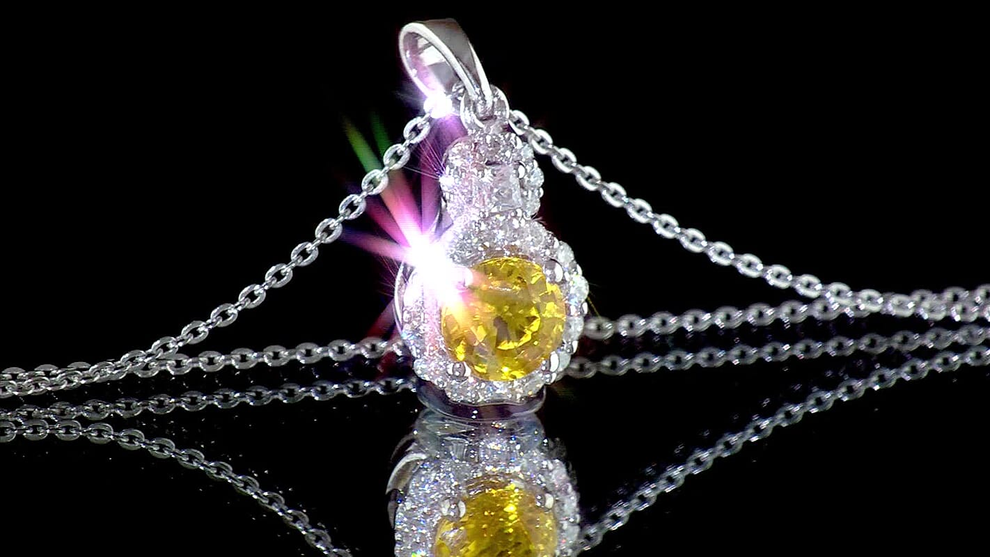D'Joy Premium Yellow Sapphire, Moissanite Pendant Necklace (18 Inches) in Rhodium Over Sterling Silver 1.40 ctw
