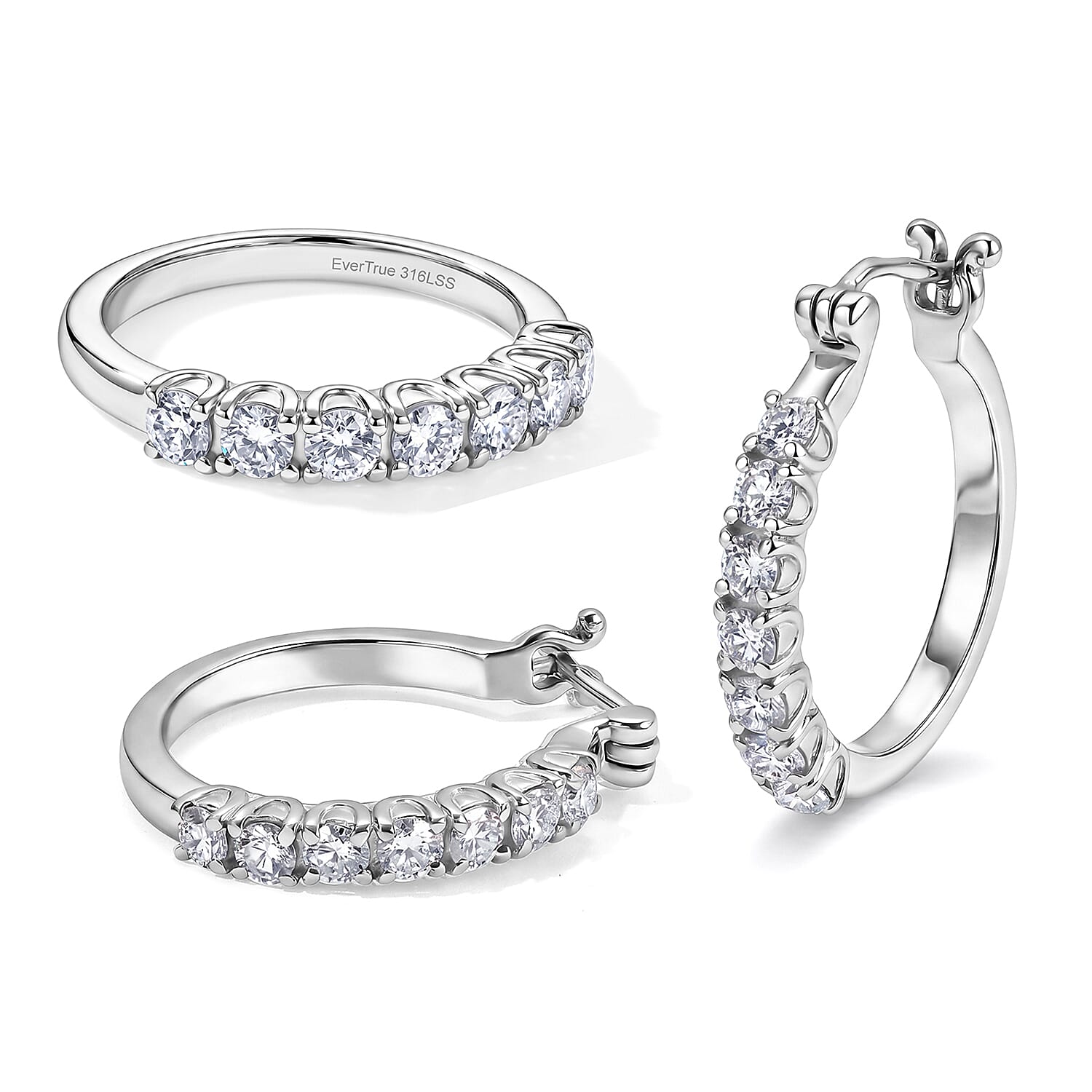EverTrue Moissanite 2.15 ctw Hoop Earrings and Ring (Size 5.00) in Stainless Steel