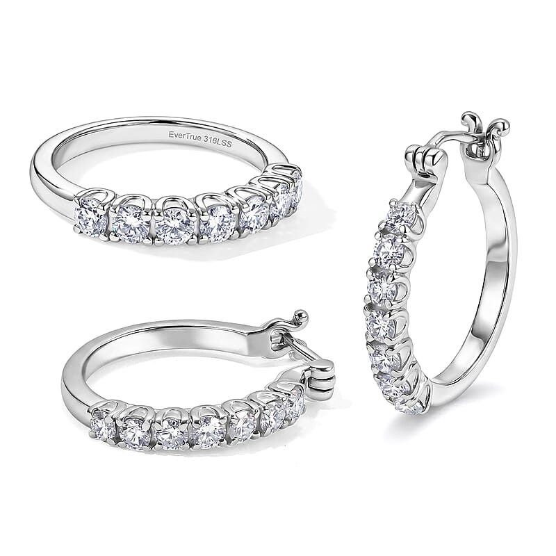 EverTrue Moissanite 2.15 ctw Hoop Earrings and Eternity Band Ring (Size 5.00) in Stainless Steel