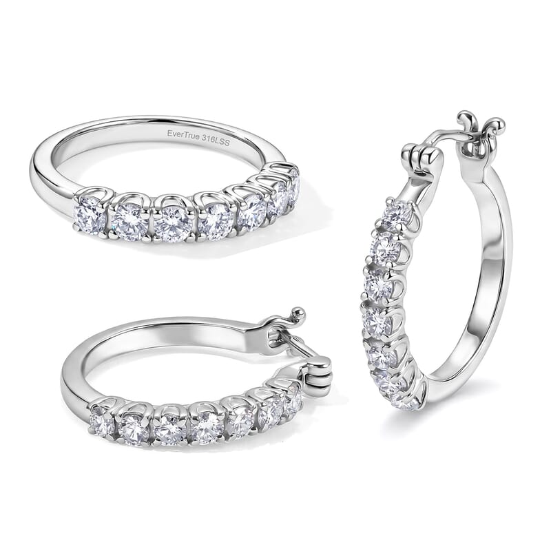 EverTrue Moissanite 2.15 ctw Hoop Earrings and Eternity Band Ring (Size 6.00) in Stainless Steel