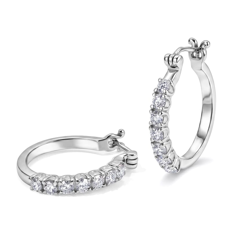EverTrue Moissanite 2.15 ctw Hoop Earrings and Eternity Band Ring (Size 6.00) in Stainless Steel