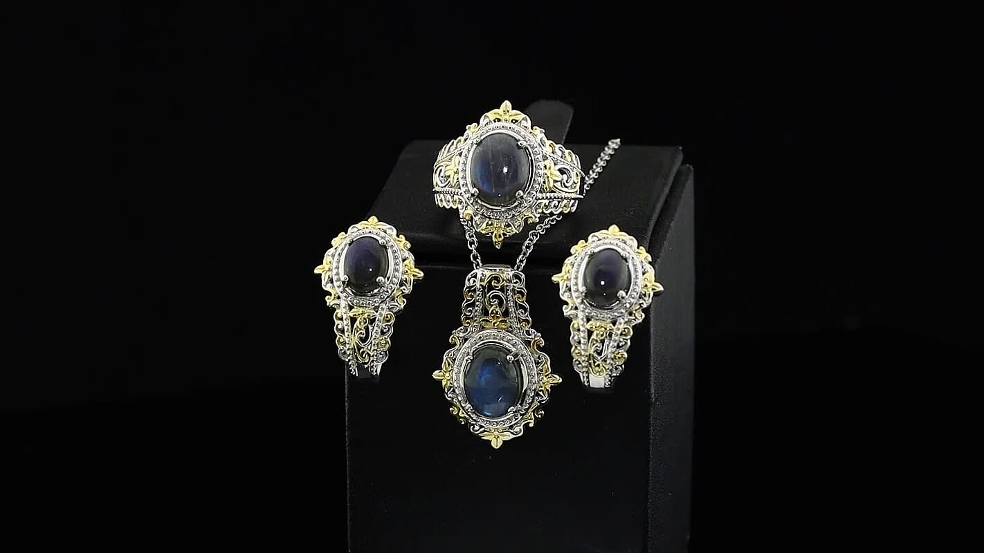EverTrue AAA Malagasy Labradorite Earrings and Ring (Size 5), Pendant in Platinum Bond with Stainless Steel Necklace (20 Inches) 8.60 ctw