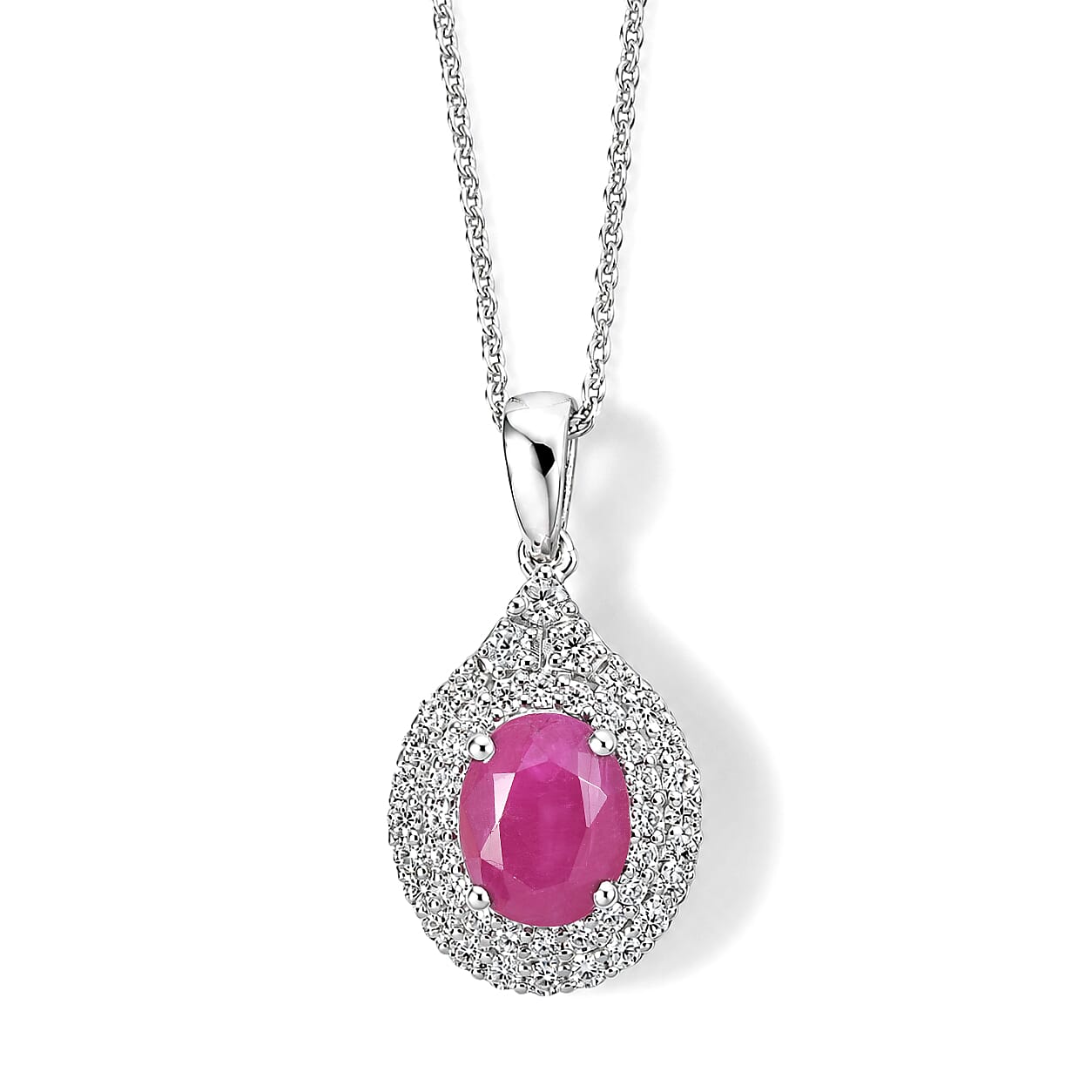 D'Joy Premium Ruby, Moissanite Pendant Necklace (18 Inches) in Rhodium Over Sterling Silver 2.35 ctw 4495717