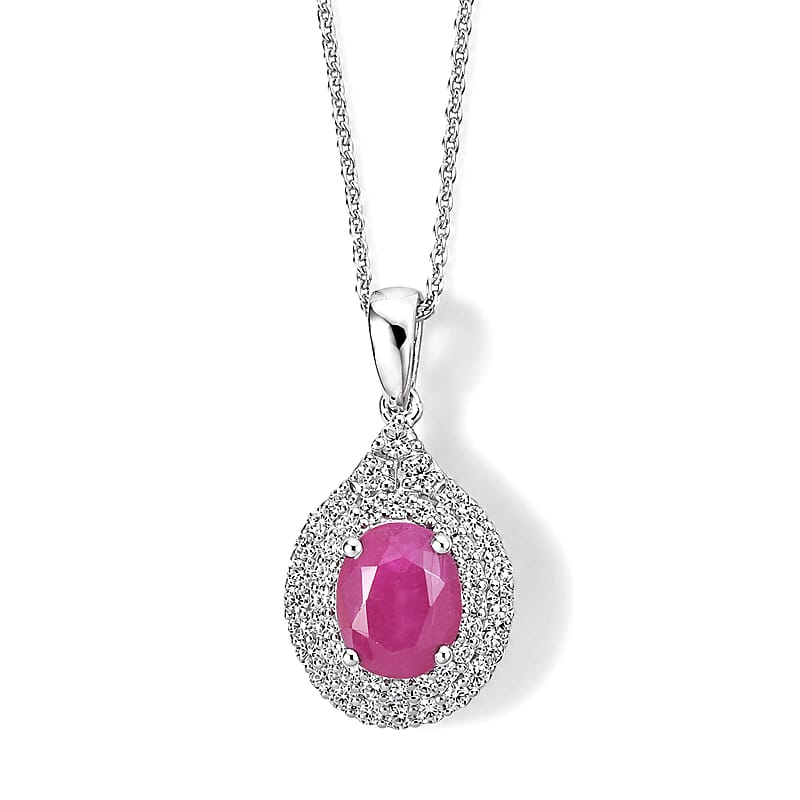 D'Joy Premium Ruby and Moissanite 2.35 ctw Pendant Necklace in Rhodium Over Sterling Silver 18 Inches