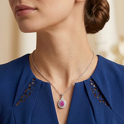 D'Joy Premium Ruby and Moissanite 2.35 ctw Pendant Necklace in Rhodium Over Sterling Silver 18 Inches