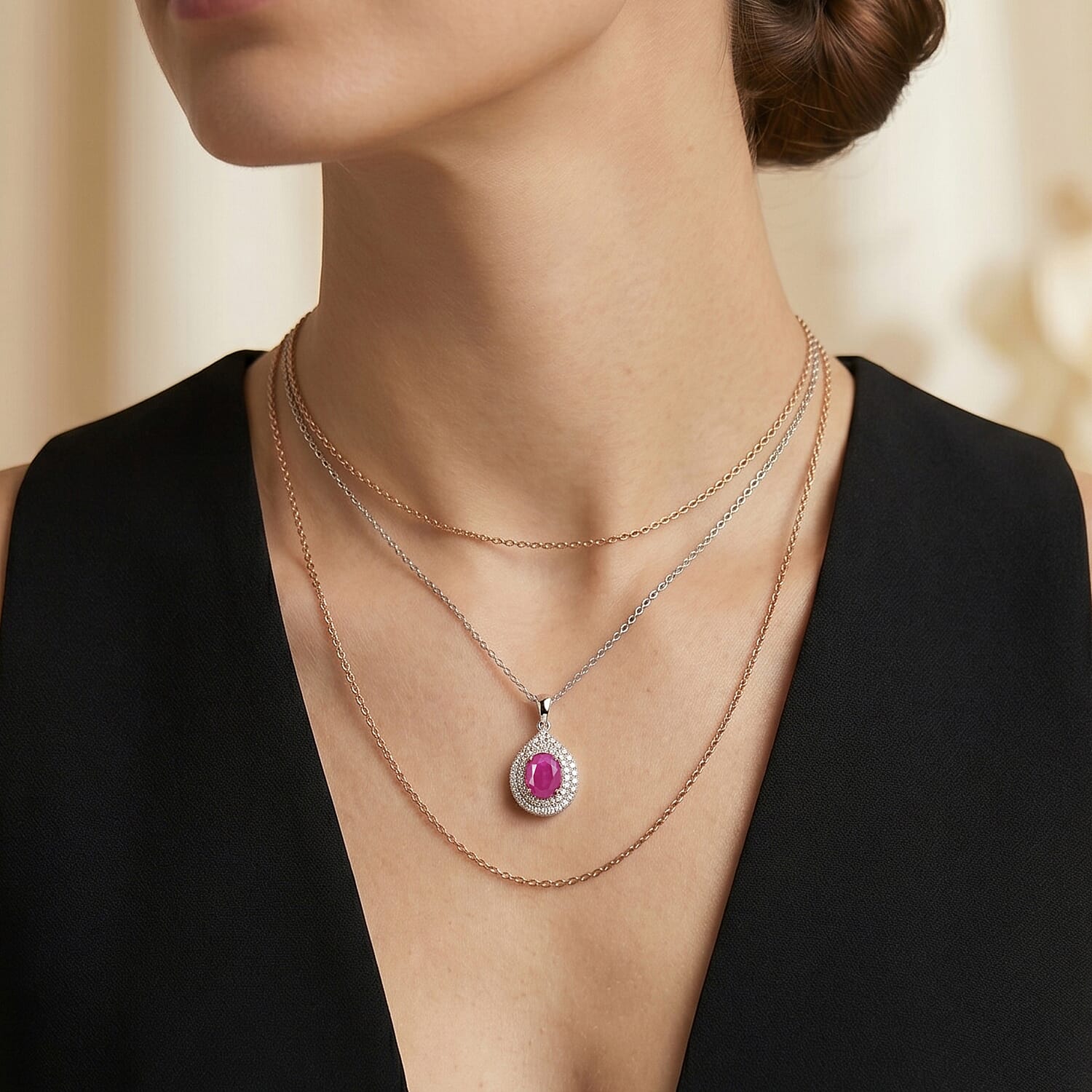 D'Joy Premium Ruby and Moissanite 2.35 ctw Pendant Necklace in Rhodium Over Sterling Silver 18 Inches