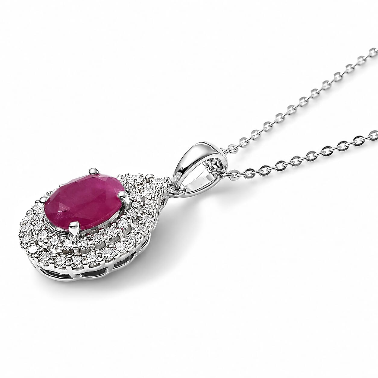 D'Joy Premium Ruby and Moissanite 2.35 ctw Pendant Necklace in Rhodium Over Sterling Silver 18 Inches