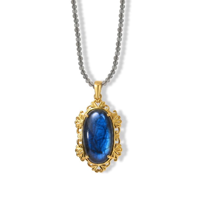 EverTrue AAA Malagasy Labradorite 87.50 ctw Nightfall Pendant Necklace (20 Inches) in 18K Yellow Gold Plated