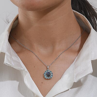 EverTrue AAA Malagasy Labradorite and Multi Gemstone 3.70 ctw Aurora Petals Pendant in Platinum Bond with Stainless Steel Necklace (20 Inches)