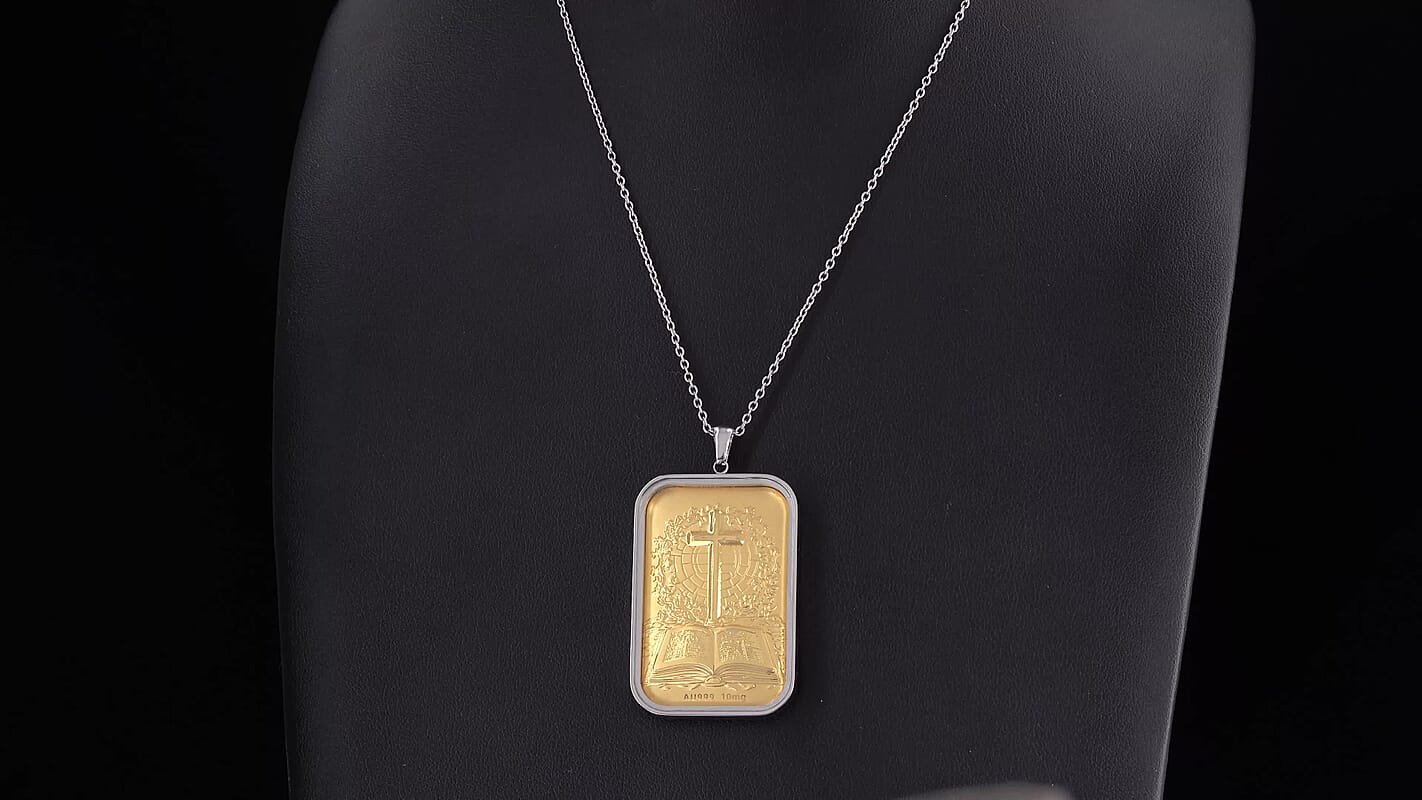 24K Gold Foil Cross & Bible Pendant with Stainless Steel Necklace (20 Inches)