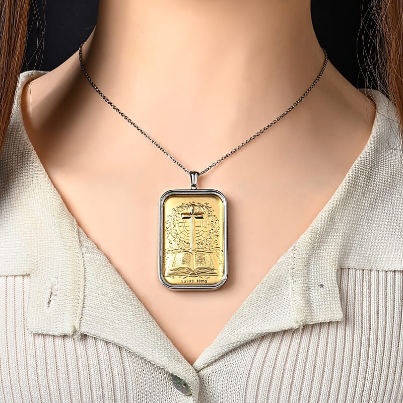 24K Gold Holy Bible Embossed Sheet Ingot Pendant 10mg (31x45.5mm) with Stainless Steel Frame and Necklace (20 Inches)