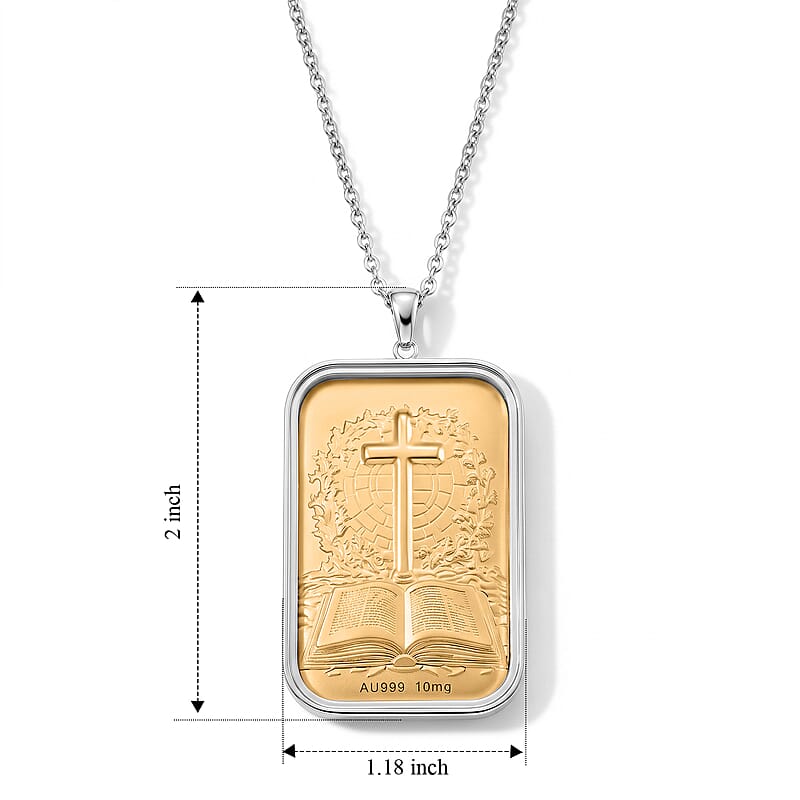 24K Gold Holy Bible Embossed Sheet Ingot Pendant 10mg (31x45.5mm) with Stainless Steel Frame and Necklace (20 Inches)