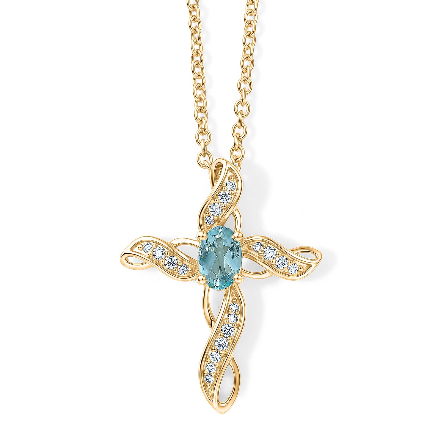 EverTrue Premium Betroka Blue Apatite and White Zircon 0.85 ctw Pendant in 18K YG Plated with Stainless Steel Necklace (20 Inches)
