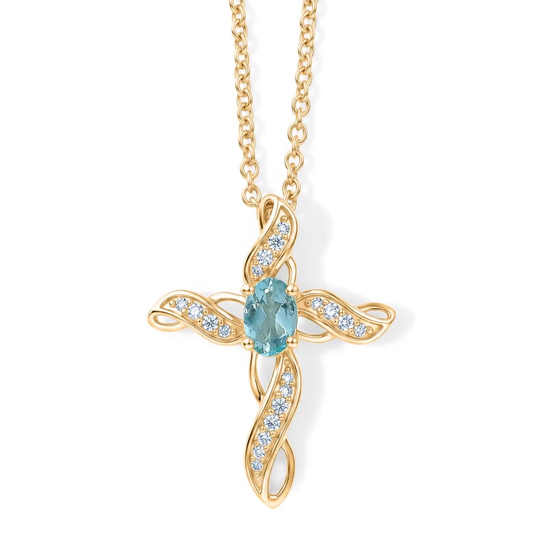 EverTrue Premium Betroka Blue Apatite and White Zircon 0.85 ctw Pendant in 18K YG Plated with Stainless Steel Necklace (20 Inches)