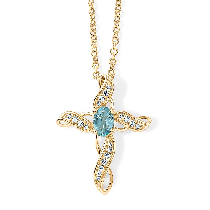 EverTrue Premium Betroka Blue Apatite and White Zircon 0.85 ctw Pendant in 18K YG Plated with Stainless Steel Necklace (20 Inches)