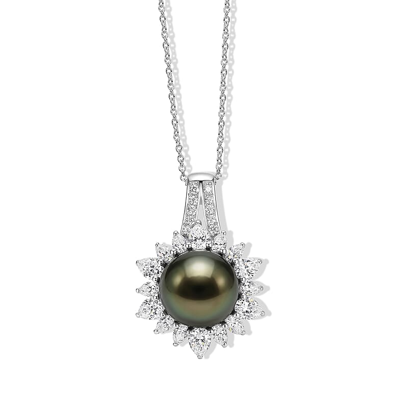 D'Joy Tahitian Pearl and Moissanite 1.50 ctw Sunburst Pendant Necklace (20 Inches) in Rhodium Over Sterling Silver