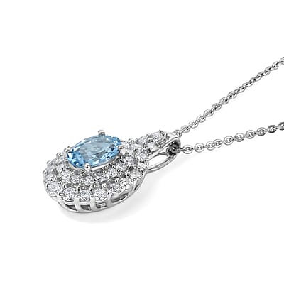 Certified & Appraised D'Joy Premium Santa Maria Aquamarine and Moissanite 1.30 ctw Pendant Necklace in Rhodium Over Sterling Silver 18 Inches