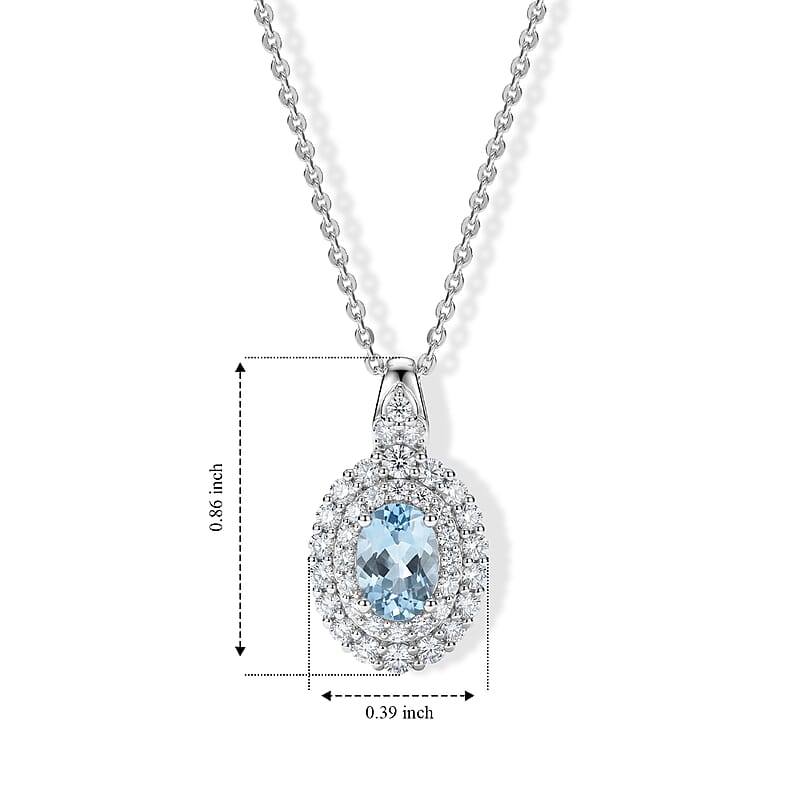 Certified & Appraised D'Joy Premium Santa Maria Aquamarine and Moissanite 1.30 ctw Pendant Necklace in Rhodium Over Sterling Silver 18 Inches