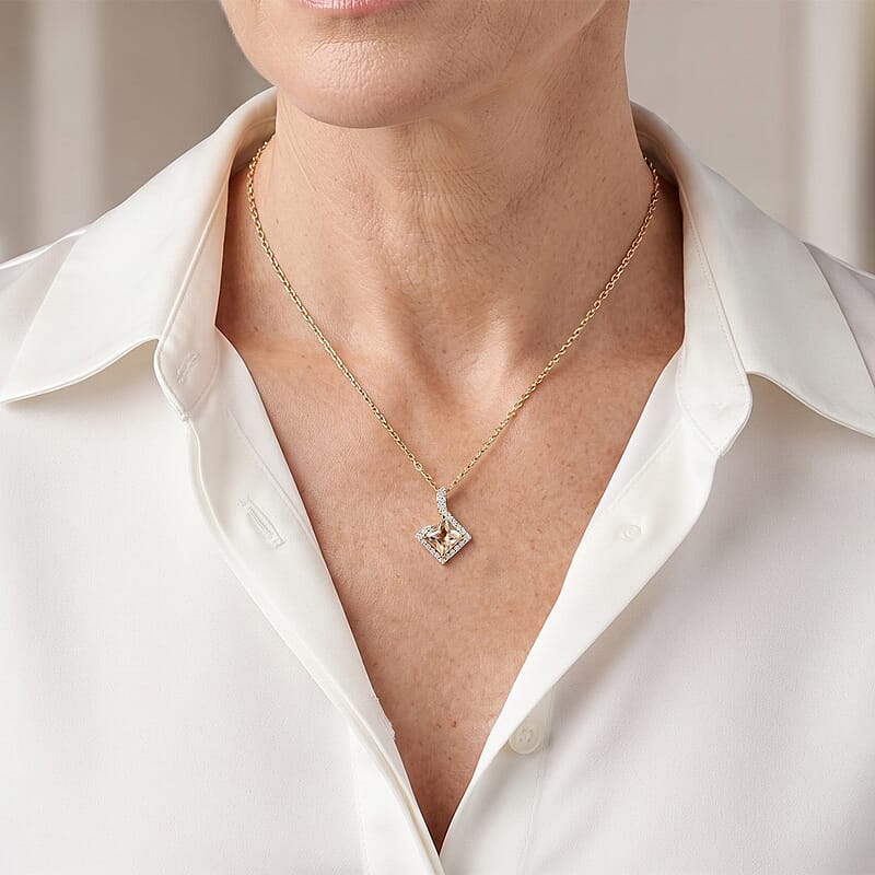 D'Joy Asscher Cut Premium Turkizite and Moissanite 1.46 ctw Pendant Necklace in 18K Vermeil Yellow Gold Over Sterling Silver 18 Inches
