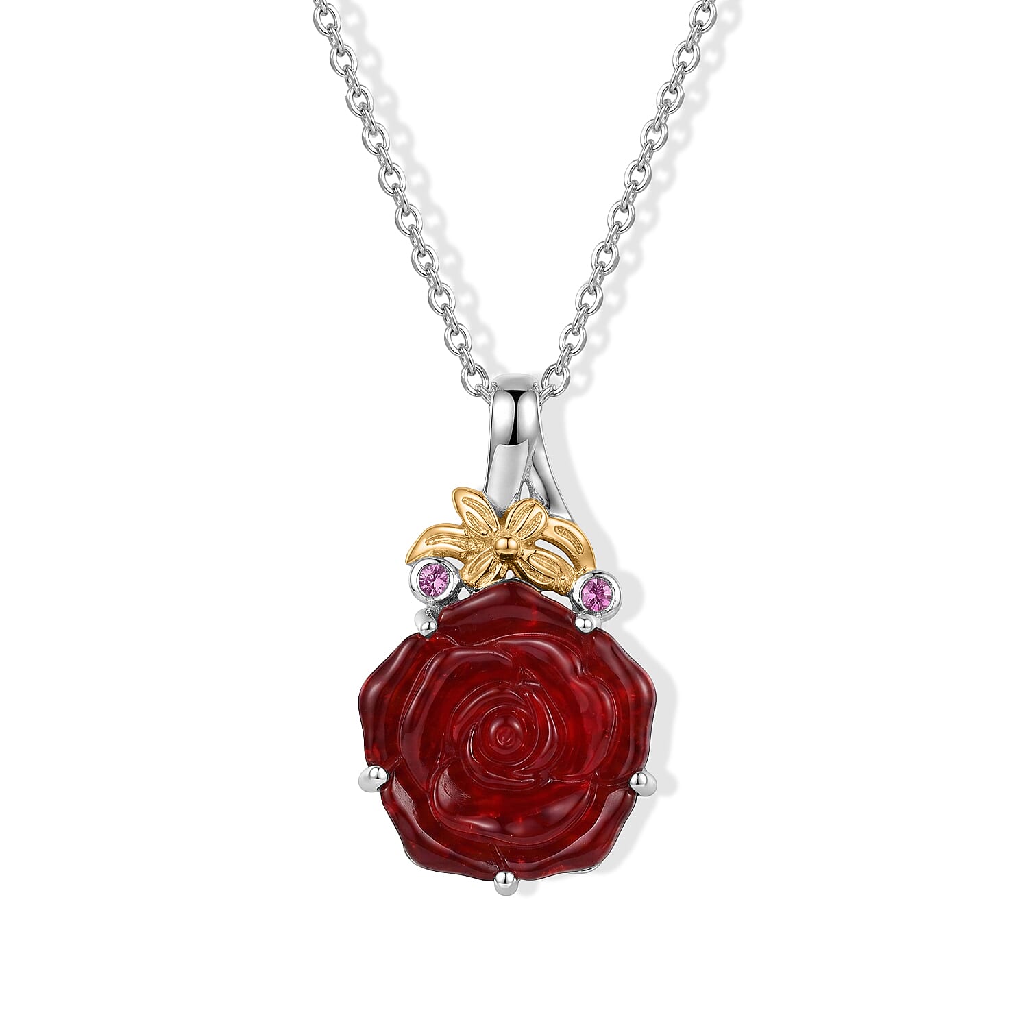 GP Red Murano Style and Madagascar Pink Sapphire 0.10 ctw Pendant Necklace in 18K Vermeil YG and Rhodium Over Sterling Silver 20 Inches